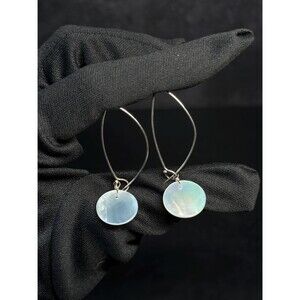 Mother of Pearl Disk Sterling Silver Wire Drop Earrings 2.09"